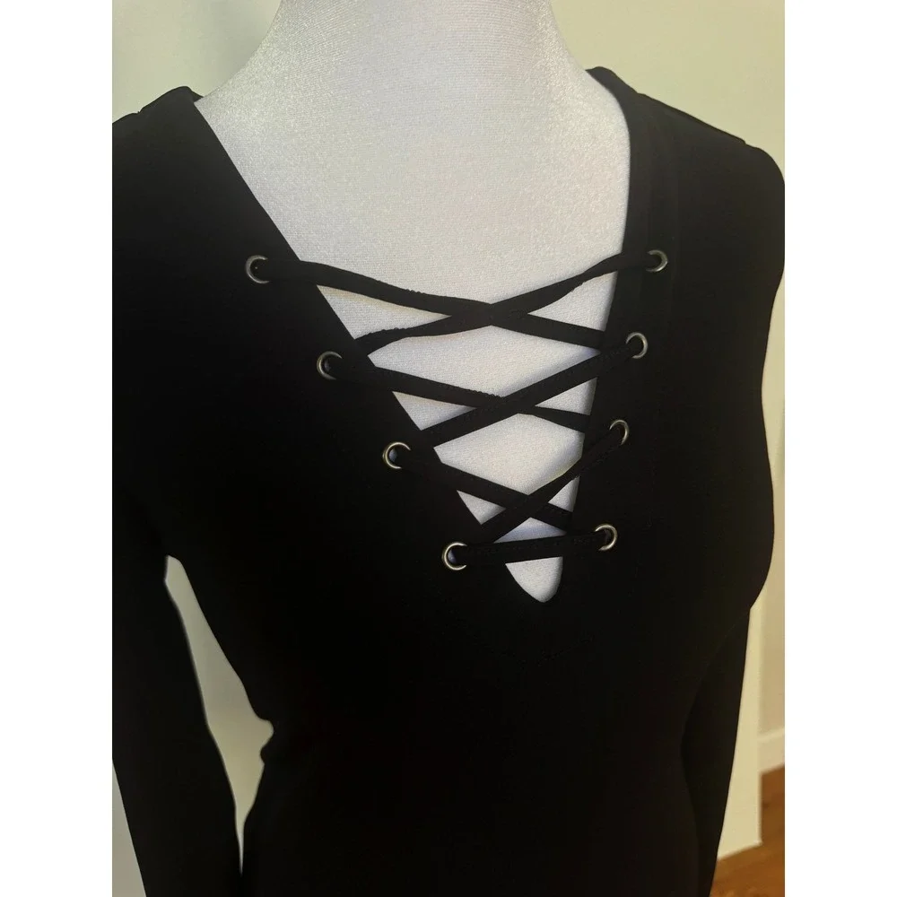 Forever 21 Black Mini Dress Long Sleeve Bodycon V Neck Women's Medium Y2K - Picture 4 of 6